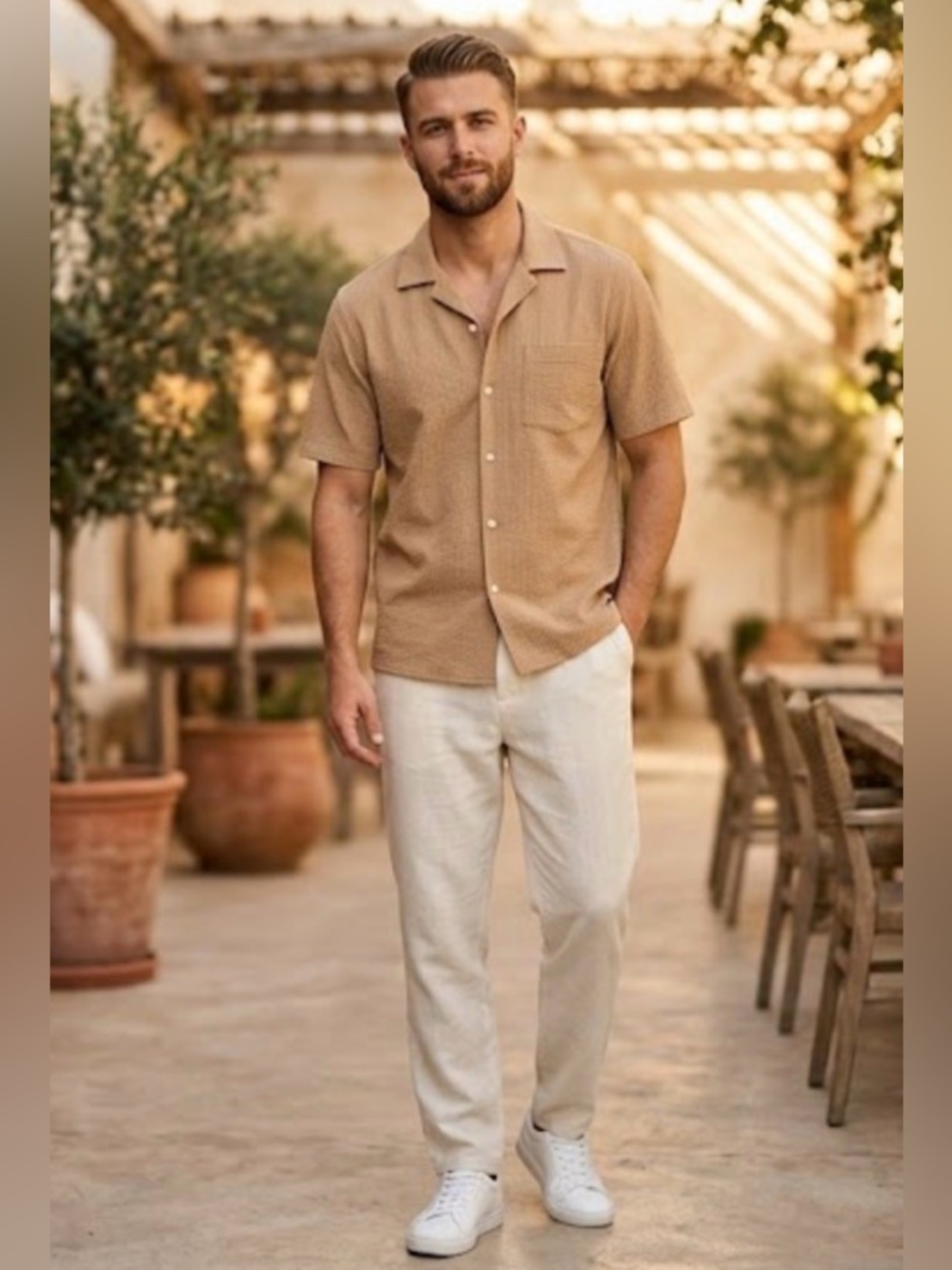 Light Beige Short Sleeve Button Up Shirt Relaxed Fit Pocket Top Size Medium - Picture 10 of 10